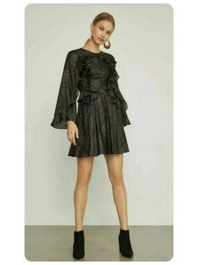 BCBGMaxAzria Black Metallic Ruffle Long Bell Sleeve Mini Dress sz S